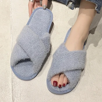 

Home Plush Women Slippers Solid Cross Indoor Non Slip Flat Ladies Shoes Comfortable Living Room Women Shoes Fur Slides