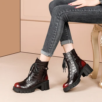 

Retro Platform Genuine Leather Women's Ankle Boots Winter Newest Round Toe Chunky Heels Party Prom Shoes Woman