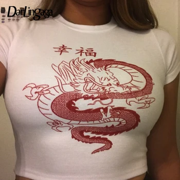 

Darlingaga Chinese Style Dragon Printed White T shirt Women Fashion Summer Crop Top Tee Short Sleeve T-shirt Harajuku Tee Shirts