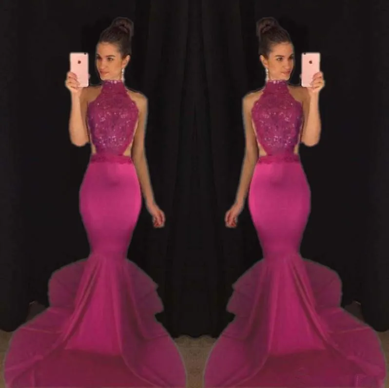 

Fuchsia Mermaid Prom Dresses 2019 High Neck Lace Appliques Sides Floor Length Backless Formal Evening Party Gowns prom dress