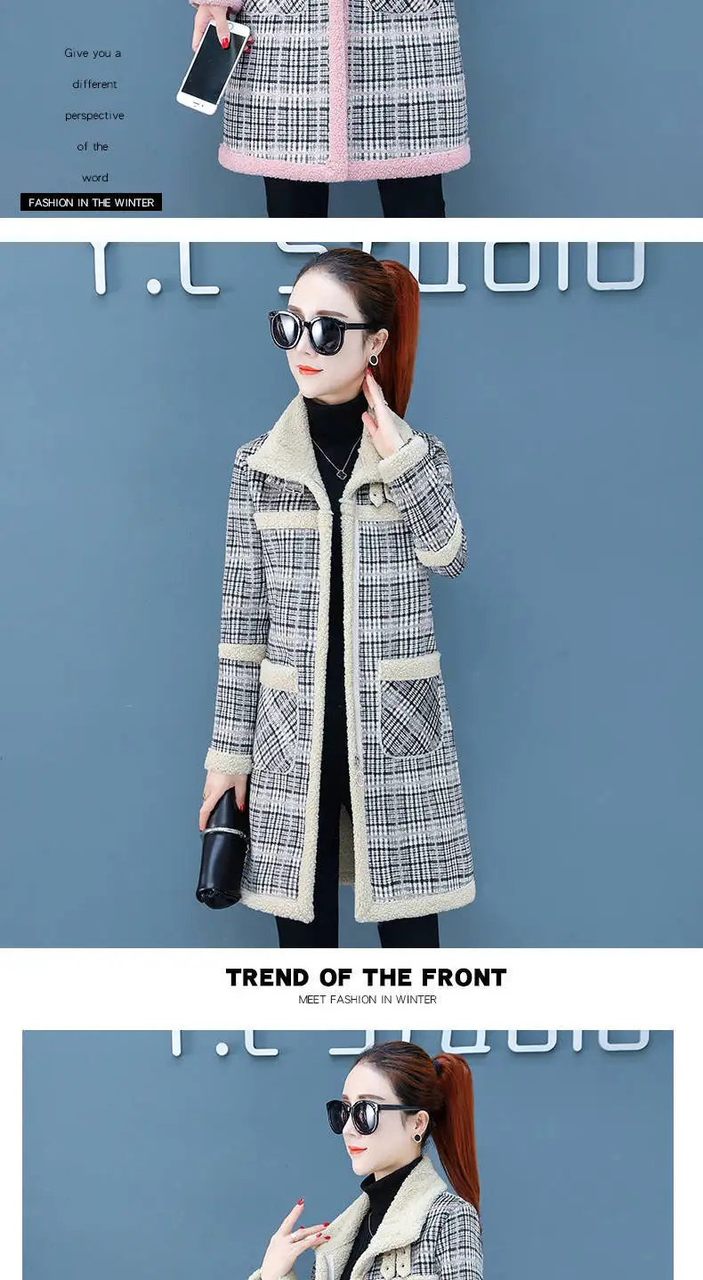 New Winter Lamb Wool Woolen Coat Thick Plus Velvet Warm Cotton Coat Women Long Grid Parker Overcoat Quilted Jacket Trench Coats