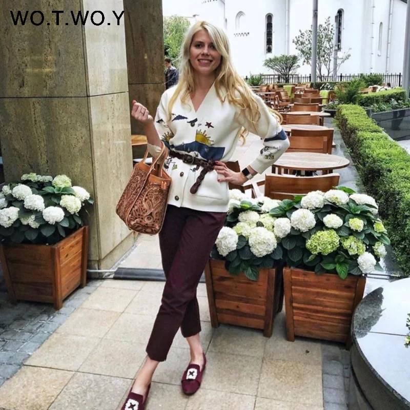 WOTWOY осеннее белое хлопковое вязаное Женское пальто с принтом, v-образным вырезом, поясом, карманами, OpenSwitch, женские джемперы, повседневные пуговицы, женские топы