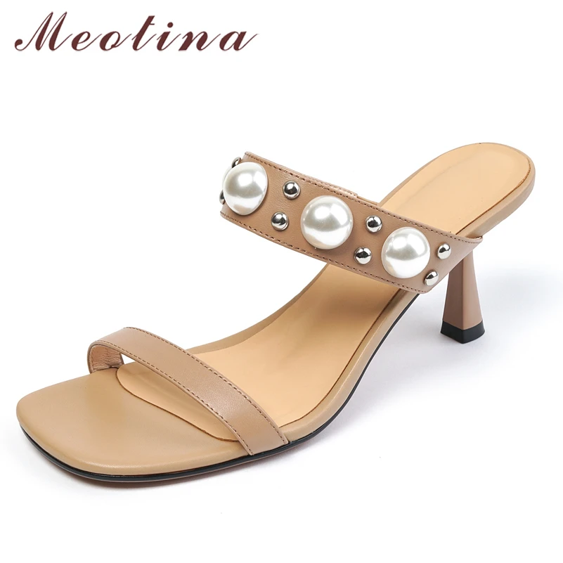 

Meotina Slippers Shoes Women Genuine Leather Square Toe Sandals High Thin Heels Slides Cow Leather String Bead Summer Shoes 40