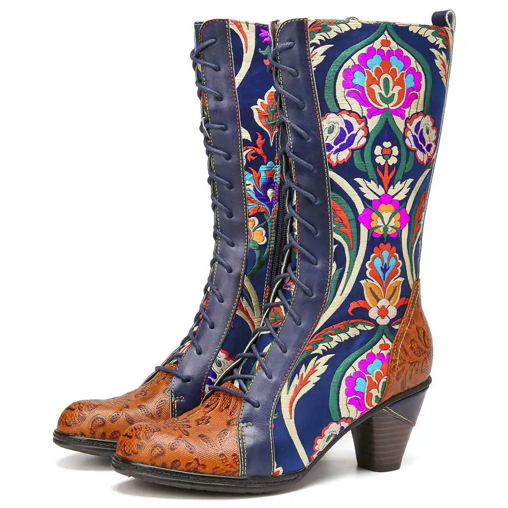 Socofy Women Boots Floral Embroidery 