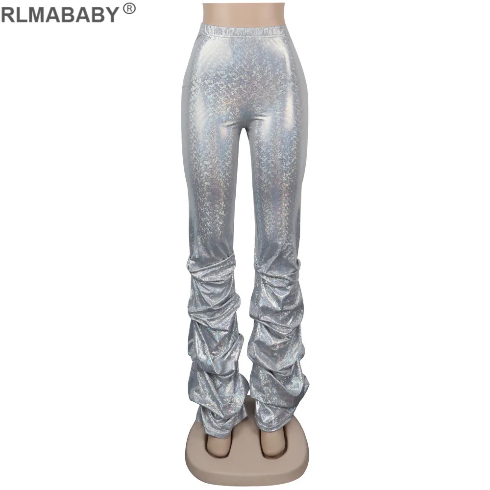Silver White RLMABABY сексуальные блестящие брюки с высокой талией женские брюки осень зима плиссированные с рюшами повседневные женские брюки уличная одежда брюки в стиле хип-хоп - Цвет: Silver White