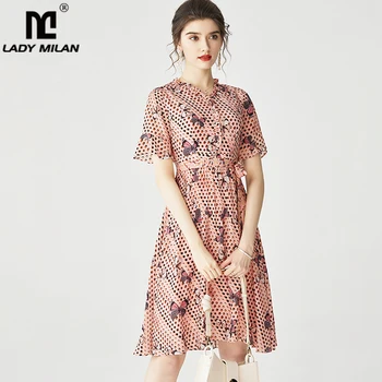 

100% Silk Women's Runway Dresses V Neck Short Sleeves Ruffles Butterflies Printed Fashion Elegant Summer Dresses