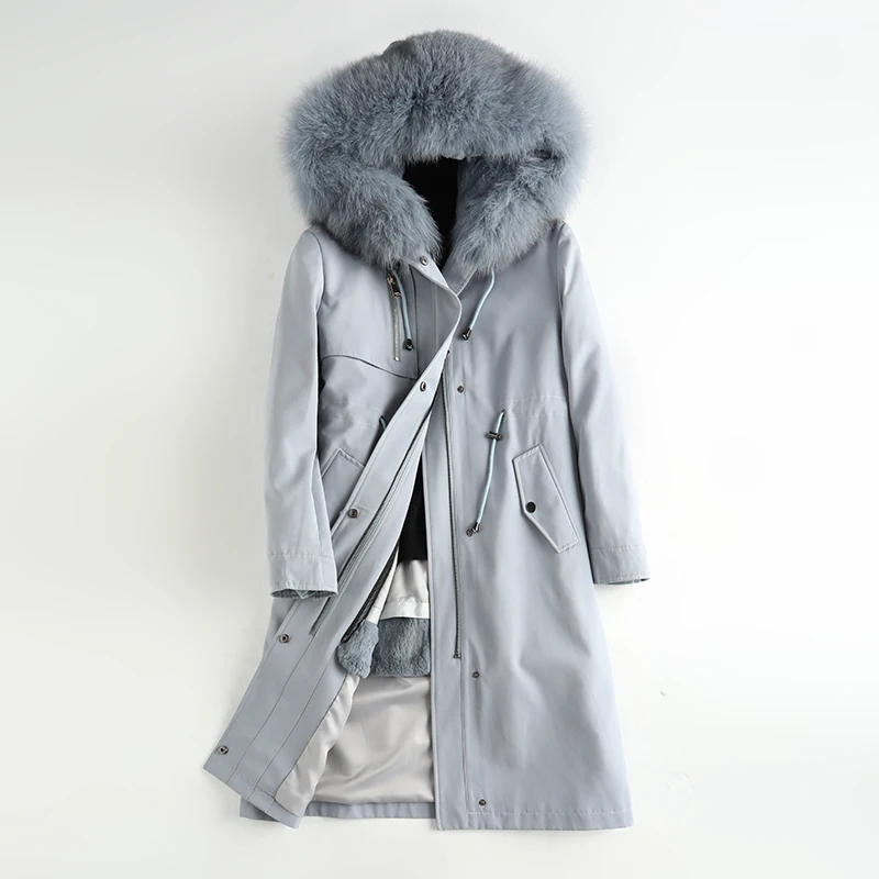 Зимнее пальто с воротником из натурального Лисьего меха, куртка с подкладкой из кроличьего меха, женское модное пальто с натуральным мехом, зимняя куртка для женщин, пальто из натурального меха