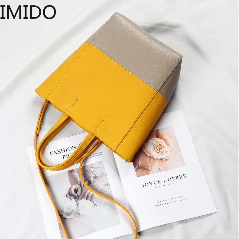 

IMIDO Leather Handbags Big Bag Fashion Simple Color Matching Shoulder Bag Leather Ladies Casual Wild Large Capacity Tote Bag