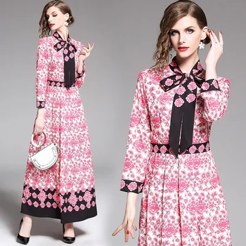 

Spring Summer Runway Maxi Dress 2020 Women High Quality Flower Print Bow Long Shirt Dresses for Women Clothes Party Robe Femme