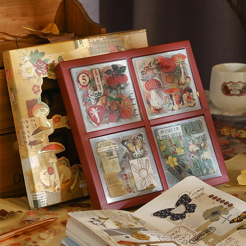 Simno 100 Sheets Flowers Mushroom Stickers Retro Literary Decorative Sticker Set Stationery Wholesale