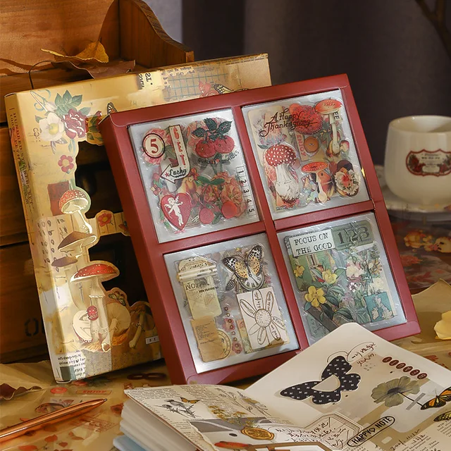Simno 100 Sheets Flowers Mushroom Stickers Retro Literary Decorative Sticker Set Stationery Wholesale Mountains