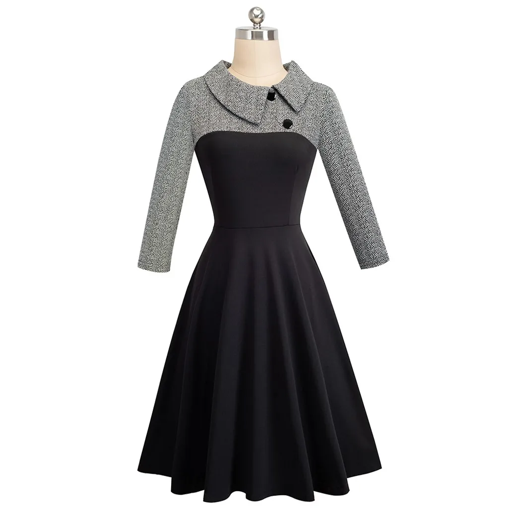 Vestidos ropa mujer, зимнее платье, женское платье с отворотом, рукав 3/4, церковный Алин, цветной блок, для работы, рождественское платье, вечерние, бодикон, официальное
