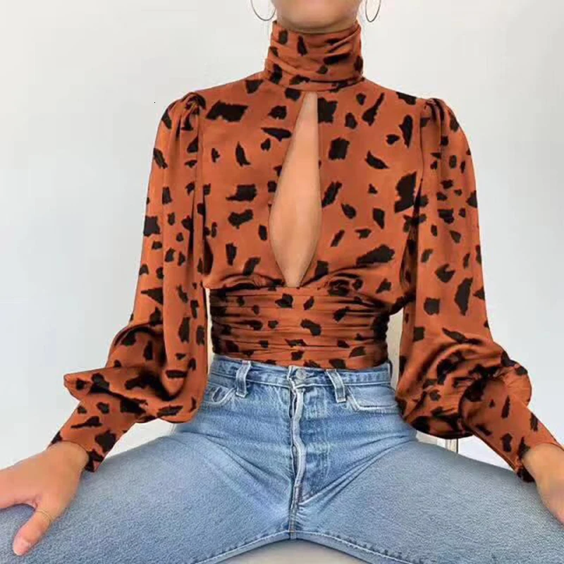 TWOTWINSTYLE, сексуальные рубашки в леопардовой раскраске для женщин, водолазка, фонарь, длинный рукав, открытая спина, блузки, женская модная одежда