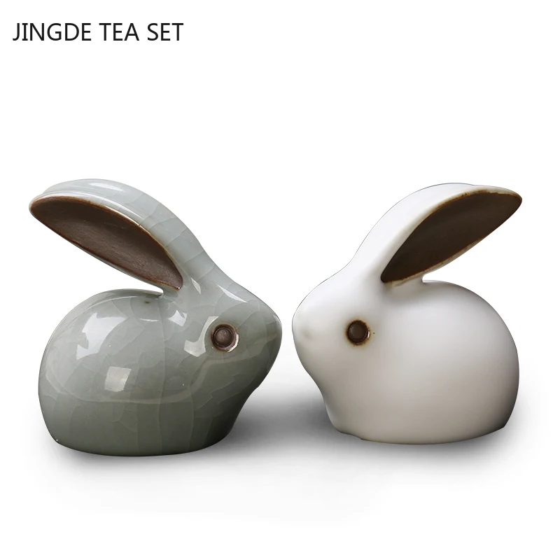 Lovely Ceramics Tea Pet Rabbit Model Statue Handmade Office Desktop Decor Ornament Boutique Tea Ceremony Accessories Gift