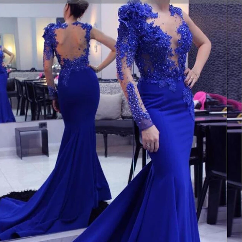 

Royal Blue Mermaid Evening Dress 2020 Jewel Neckline One-Shoulder Full Sleeves Crystal Beaded Long Evening Dress Vestidos
