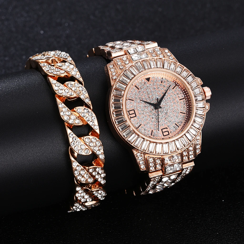 

2PCS Set 2021 Men Luxury Fashion Watches Rhonestone Men Business Simple Stainless Steel Belt Quartz Watch Relogio Masculino