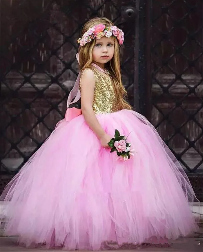 

Golden Sequin Pink Skirt Ball Gown Princess Flower Girls Dresses Cute Girls First Communion Party Birthday Dress