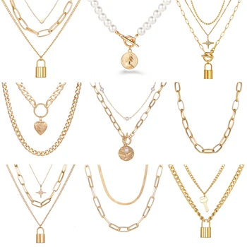 

Punk Big Link Chain Necklace Choker for Women Steampunk Multi Layered Star Lock Pendant Necklace Statement Jewelry