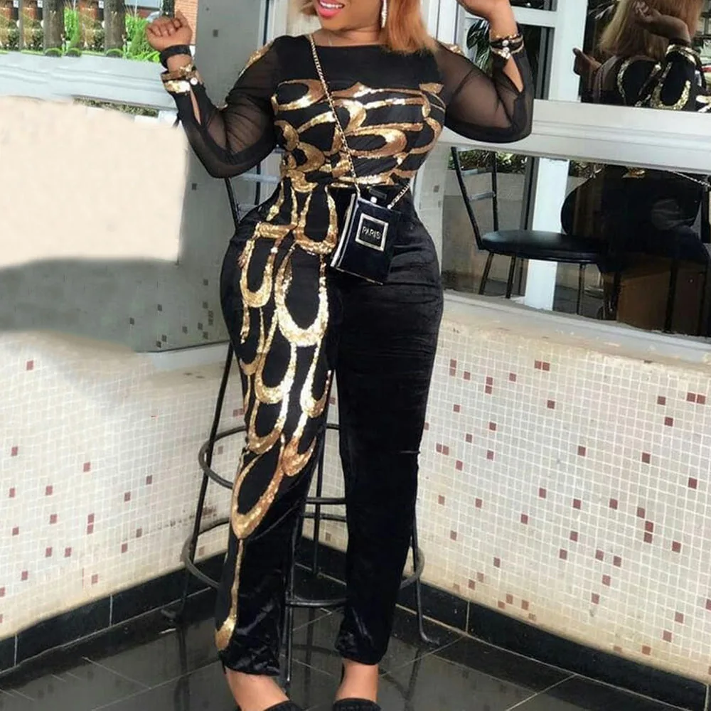 

Casual Golden Print Black Plus Size Women Sexy Jumpsuit Mesh See Through African Fashion Club Overalls Slim Long Jumpsuits 5XL