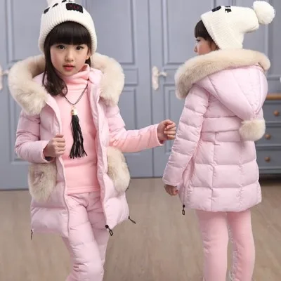 Детская одежда осенне-зимний костюм из трех предметов для девочек куртка с хлопковой подкладкой теплая детская одежда зимняя одежда Зимний комбинезон - Цвет: Pink