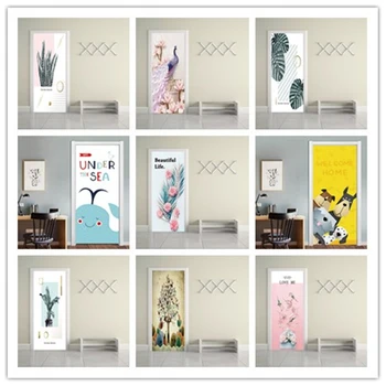 

DIY Door Sticker Self Adhesive Decal Home Decor Green Plant Paper Cartoon Picture for Living Room PVC Waterproof 3D Print Photo