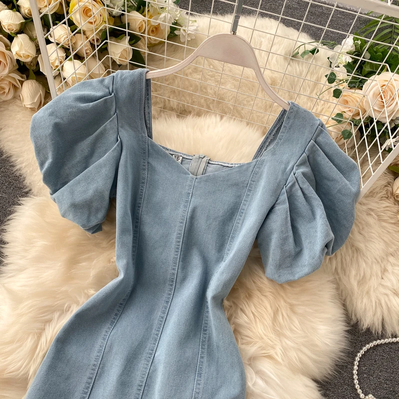 DEAT 2020 New Summer Fashion Tide Square Collar Vintage Solid High Waist Zipper Slim Puff Sleeve Denim Dress Women SB760