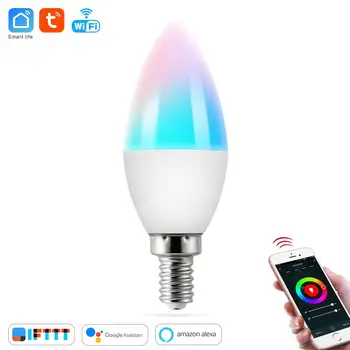 

Tuya Wifi LED Smart Candle Bulb E14 Warm Light+White Light+RGB Remote Control Light Bulb for Alexa, Google Home Voice Control