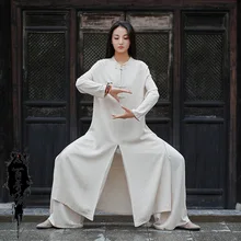 Tradicional chinês feminino kung fu uniforme linho chá conjunto sprin yaga tang terno tai chi vestes feminino oriental manga longa hanfu