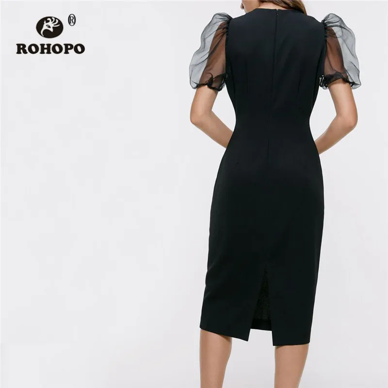 ROHOPO Tulle Puff рукав круглый воротник назад подол скольжения Bodycon черное женское