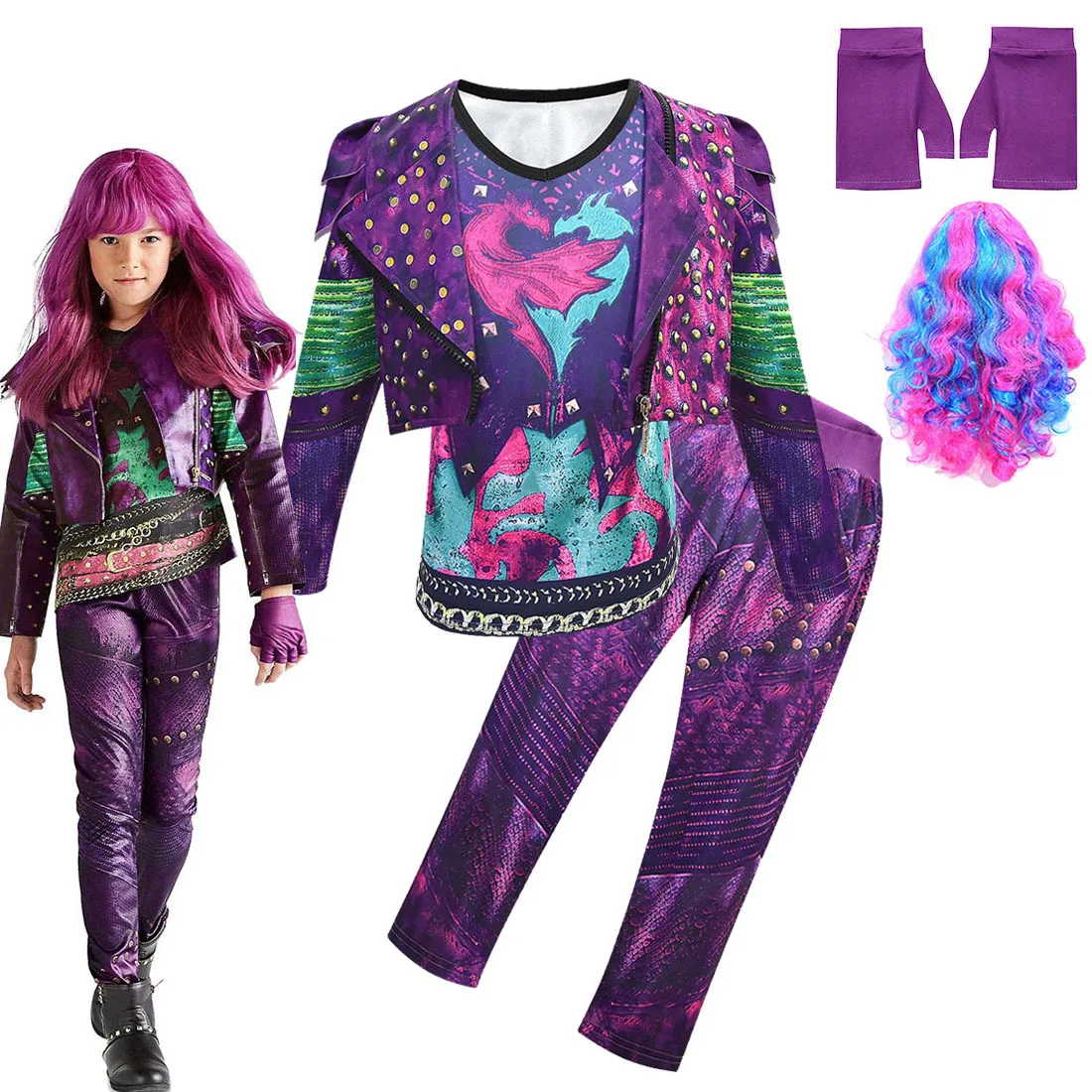 

Descendants Kids Evie Clothes Cosplay Costume For Girls Coat Vest Pants Gloves Wig Halloween Party Clothing For Children