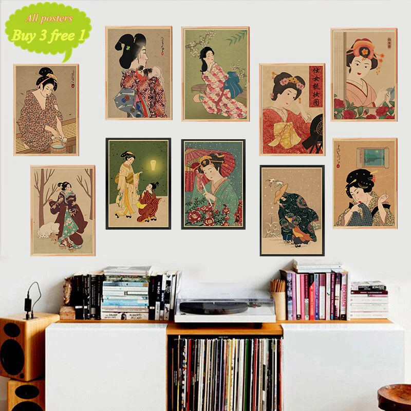 Japanese style Retro vintage kraft paper poster ukiyo-e izakaya sushi restaurant hotel decorative wall sticker | Дом и сад