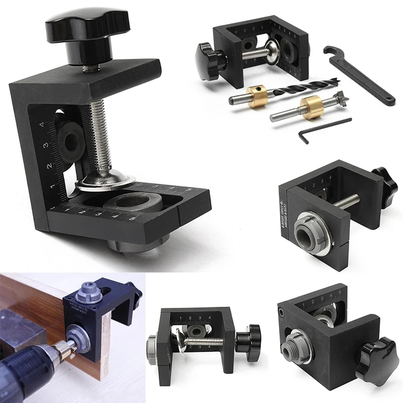 DWZ Black Woodworking Hole Locator Punch Positioner Jig Kit + Step Drilling Bit Wood Tool