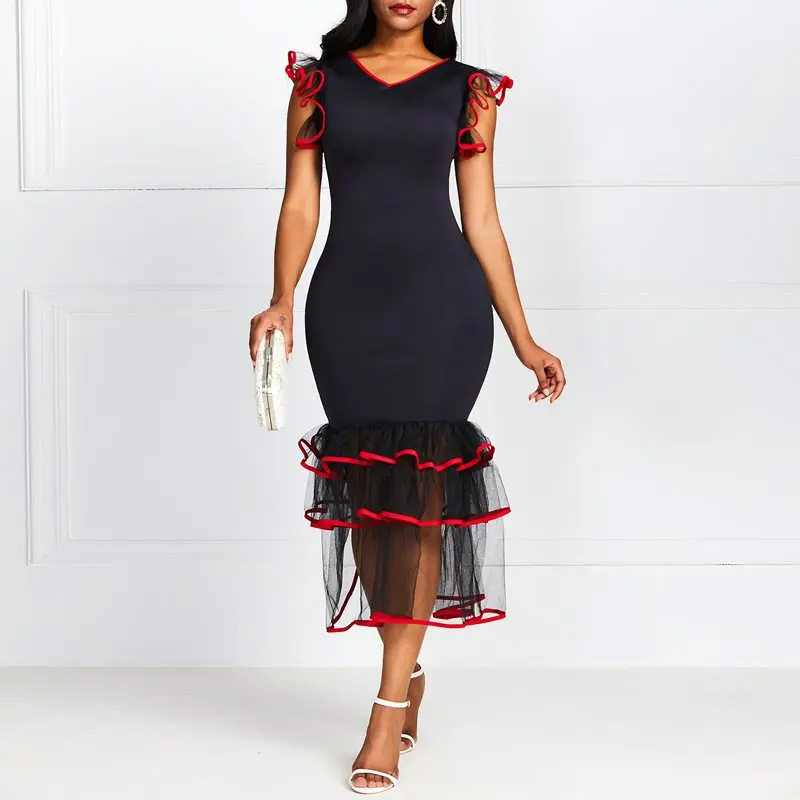 

Vintage Elegant Sexy Bodycon Mermaid Dress Women V-neck Ruffle Lace Retro Chic African Female Fashion Black Dresses