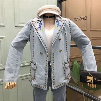 

2020 Spring New Fashion Denim Jacket Woman streetwear Blue Suit Women's Rivets Loose-Fit Jean Jacket Ladies Coats Chaqueta NZ129