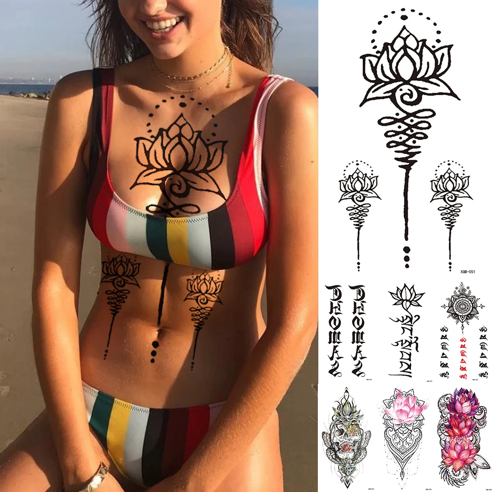 

Waterproof Temporary Tattoo Sticker Sanskrit Rose Mandala Flash Tattoos Skull Lotus Flowers Body Art Arm Fake Tatoo Women Men