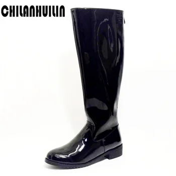 

brand shoe microfiber patent leather women knee high boots low heel black blue ladies autumn winter short plush snow boots women