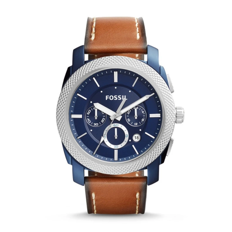 FOSSIL Machine Хронограф синий циферблат Мужские часы люксовый бренд часы для мужчин с коричневым кожаным ремешком