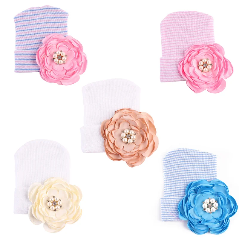 Newborn Girls Flower Hats Baby Boy Knitted Caps Infant Bowknot Hospital Cap Photography Props Winter Warm Turban Hat Accessories | Детская