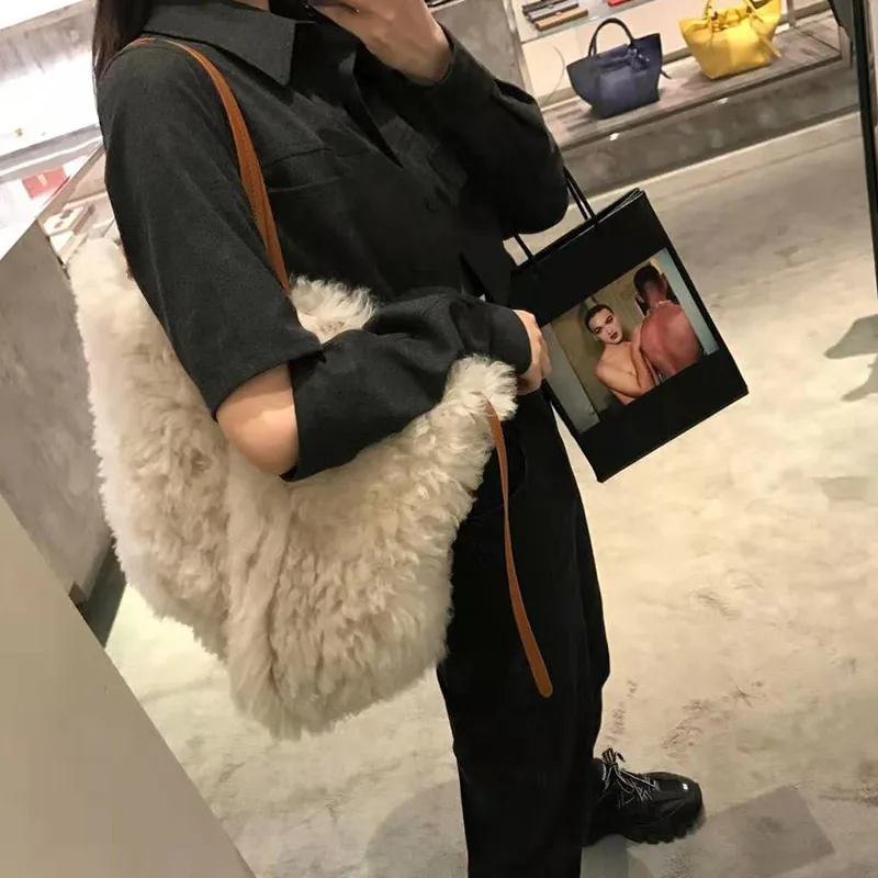 Роскошные популярные женские меховые сумки большого размера повседневные сумочки для шопинга с металлическим ремешком дорожные сумки через плечо зимние сумки Семейные