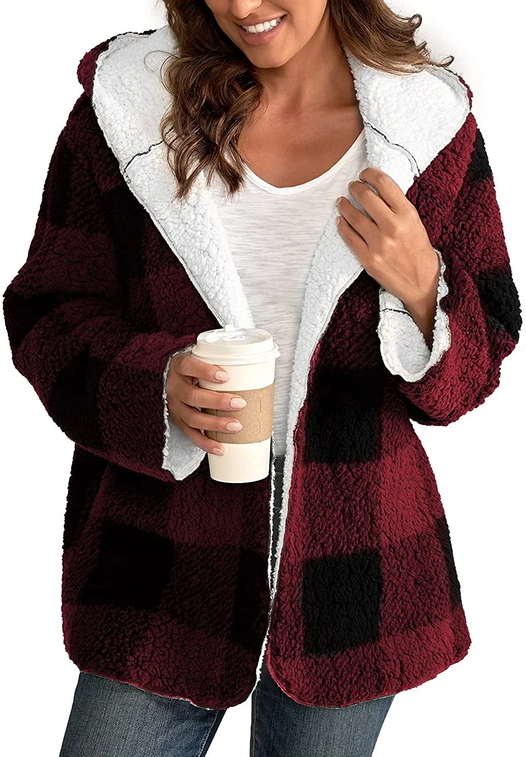 ReachMe Womens Oversized Zip Up Sherpa Jacket with Pockets Plaid Fleece Hoodie Winter Teddy Coat Outerwear