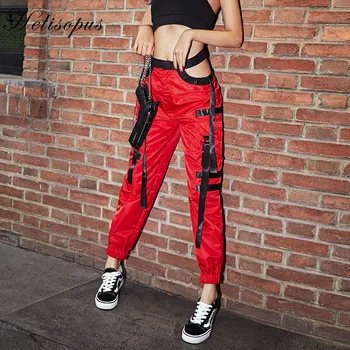 

Helisopus New Women's Red Zipper Fly Waist Cargo Pants with Ribbon Sexy Hollow Out Hip Hop Dance Pants Fashion Stitching Pants