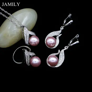 

Women Bridal Jewelry Sets Pink Pearls Beads White Cubic Zirconia Earrings/Pendant/Ring/Necklace Set Dropshipping