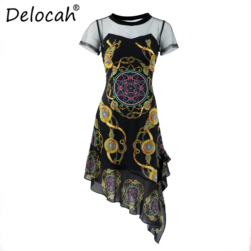 Delocah, модное летнее платье для подиума, женское платье с коротким рукавом, Сетчатое платье с высокой талией, элегантное винтажное ассиметричное миди, платья