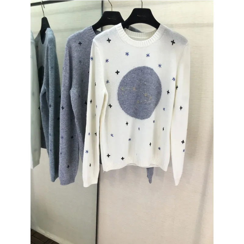 Autumn new cashmere round neck constellation hook flower long-sleeved sweater pullover clothing female temperament quality | Женская