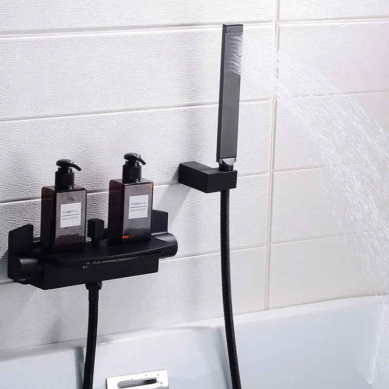 Black Brass Bath Shower Faucets black Waterfall shower set Rain taps bathroom mixer faucet wall mounted shower faucet - Color: Black