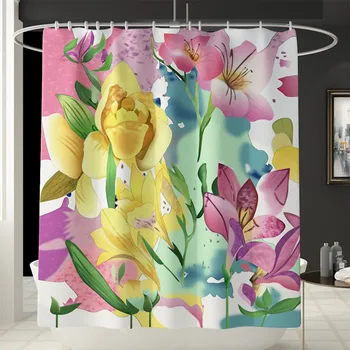 

4pcs Mildew Resistant Floral Anti Splash Shower Curtain Set Waterproof Colorful Washable Soft Non Slip Bath Mats Floor