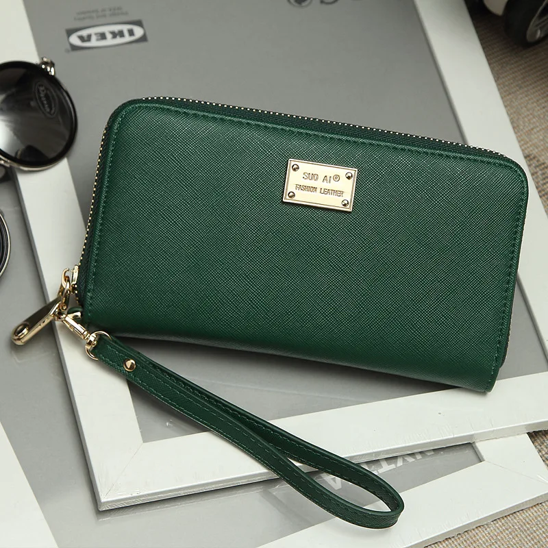 Кожаный женский короткий кошелек, Женская застежка-молния, два сложения, перекрестный принт, мульти-карта, карман, кошелек - Цвет: long green