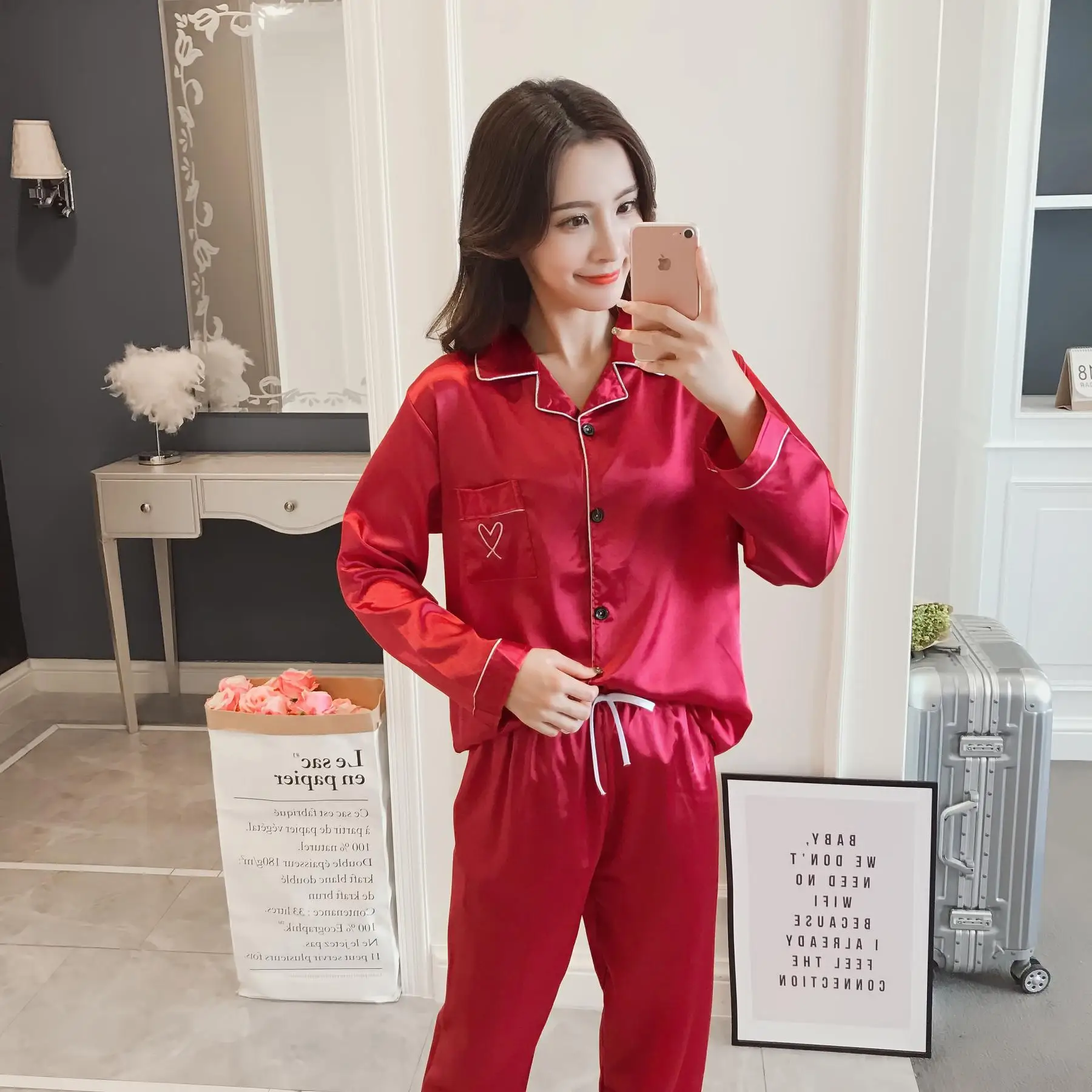 

Autumn Pajamas Women's Heart Model Silk Cardigan Two-Piece Set Sweet Long Sleeve Trousers Casual Homewear Set