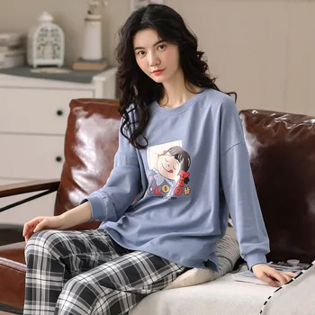 

Autumn Women's Pajamas Set O neck Long Sleeve Top Pant Casual Homewear Female Home Clothes 2020 Fashion Printed Ladies Nightwear