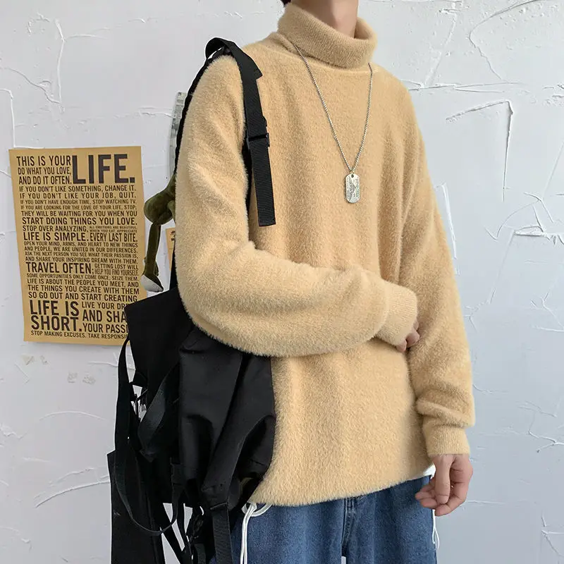 Privathinker Men's Solid Color Autumn and winter 2020 high collar rabbit hair loose fashion men's sweater camel a312-my75 P60 |